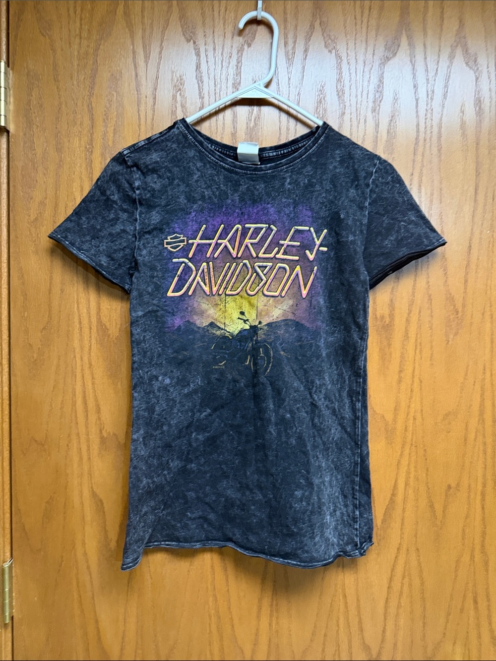 Harley-Davidson Black Tee with Purple and Yellow Graphic